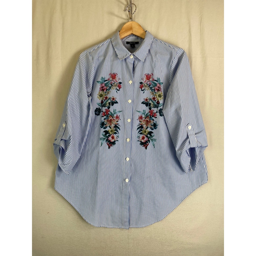 ALYX Womens Blue White Striped Floral Print Roll Tab Sleeve Blouse M Office